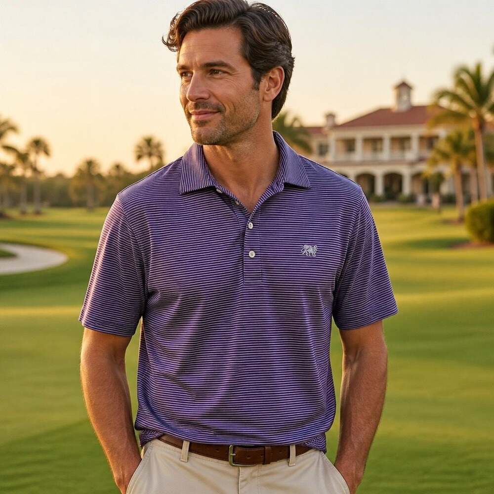 Dunning Purple and Blue Striped Short Sleeve Golf Polo Shirt Men's Size Large